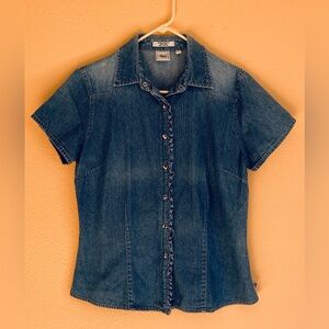 Women’s Cruel Girl Blue Denim Button-Up Top, Snaps, Size Large